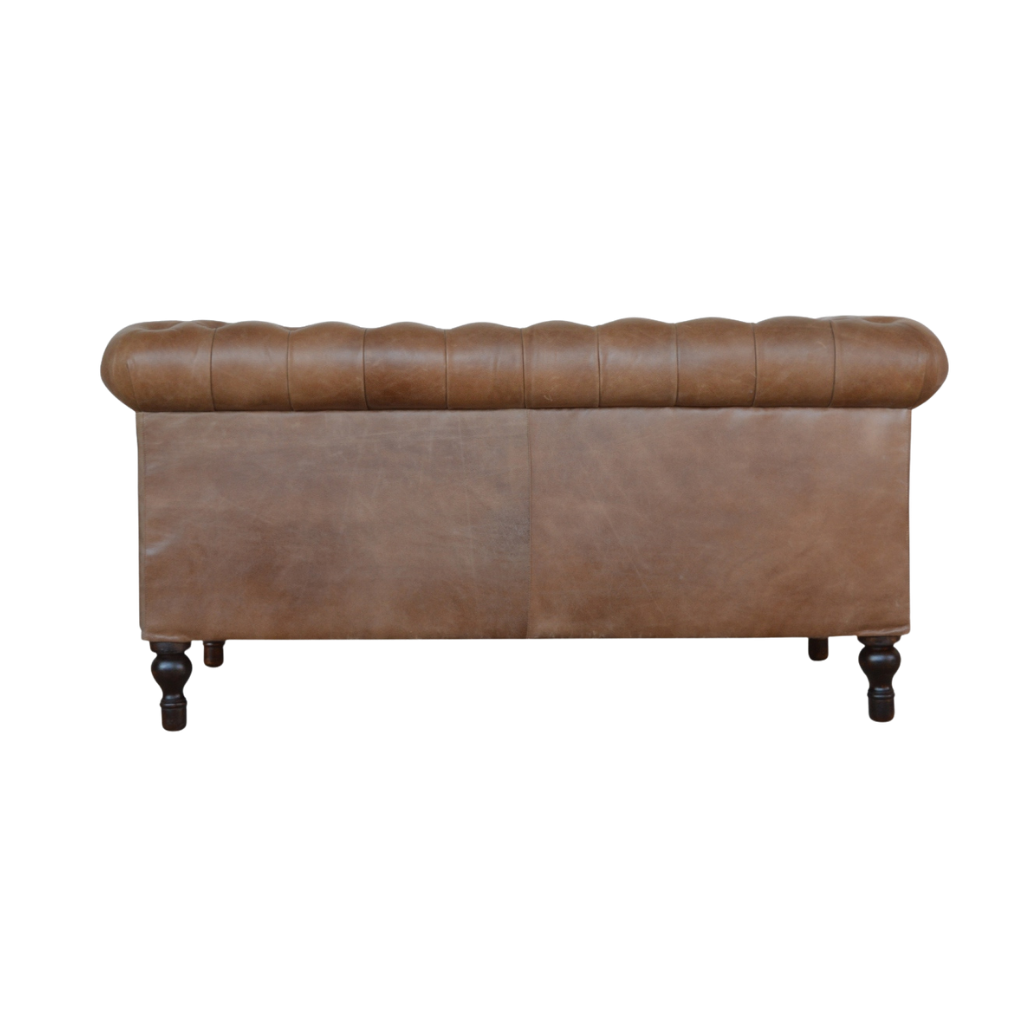 Fitzroy Chesterfield Loveseat in Tobacco Leather, back view showing the buttoned rear panel.