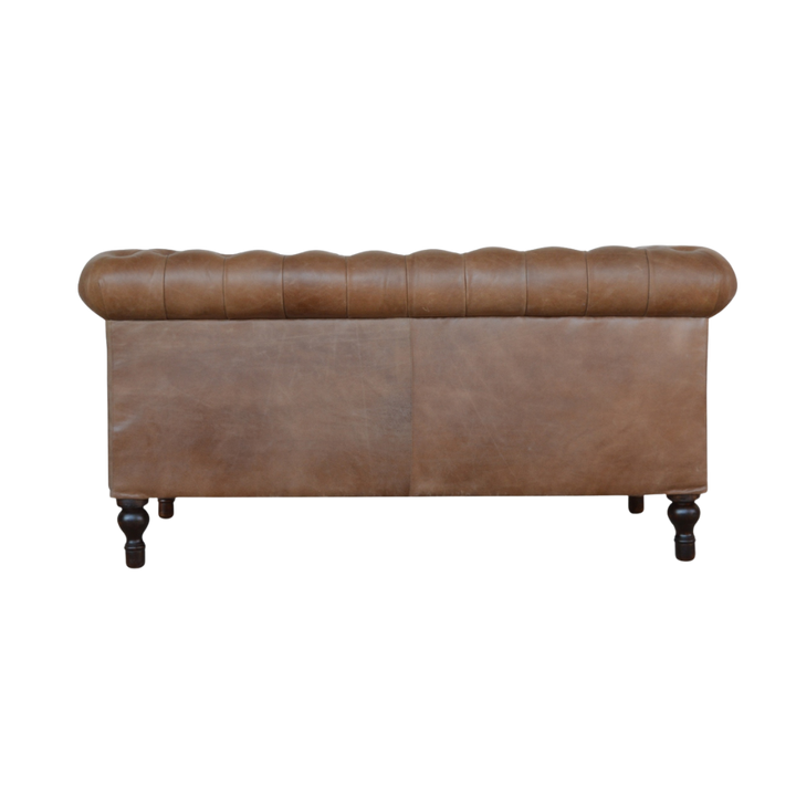 Fitzroy Chesterfield Loveseat in Tobacco Leather, back view showing the buttoned rear panel.
