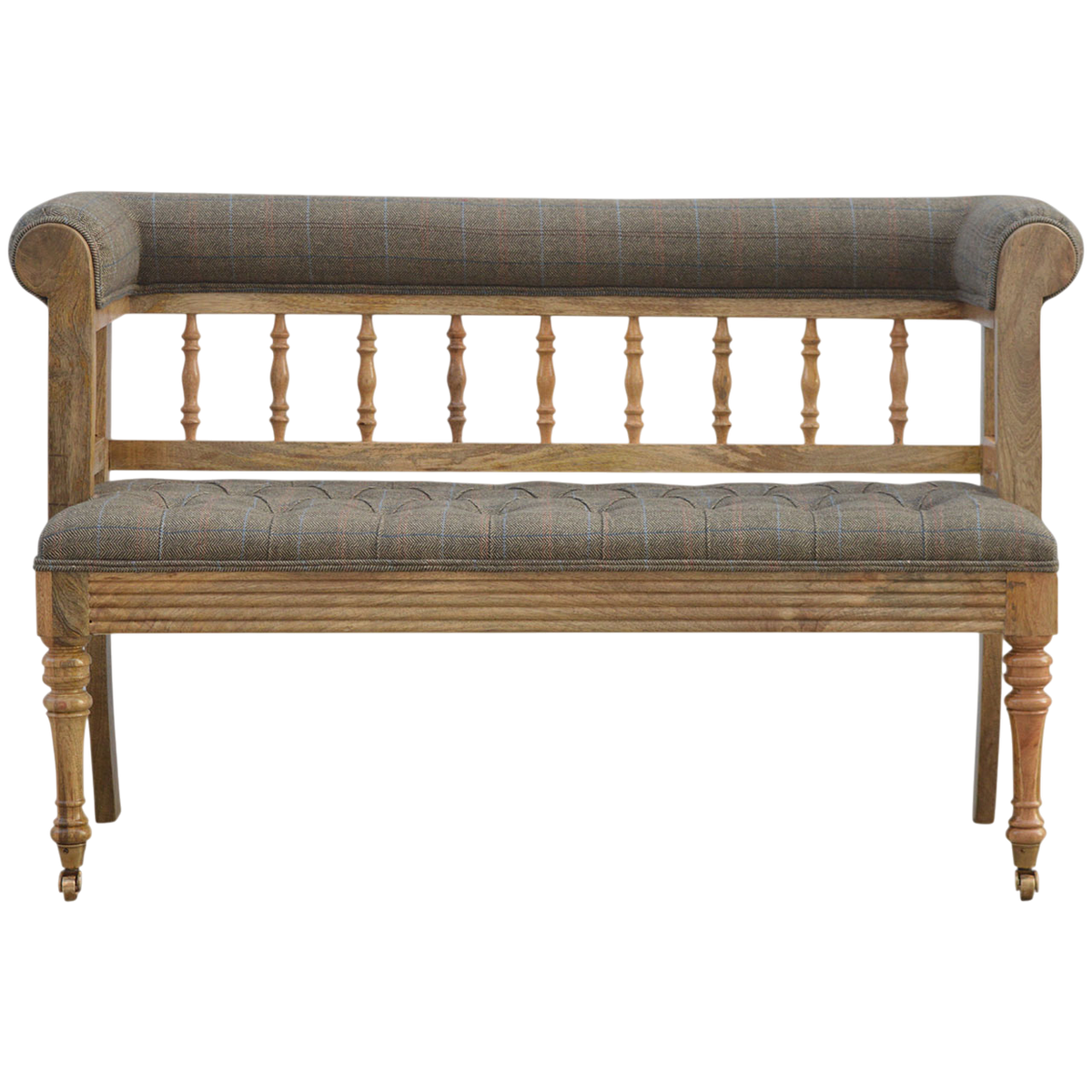 Fitzroy Deep-Buttoned Hall Bench in Heritage Tweed, front view. Heritage tweed in mixed wool over a 100% solid hardwood frame in a pale amber finish, deep-buttoned back.