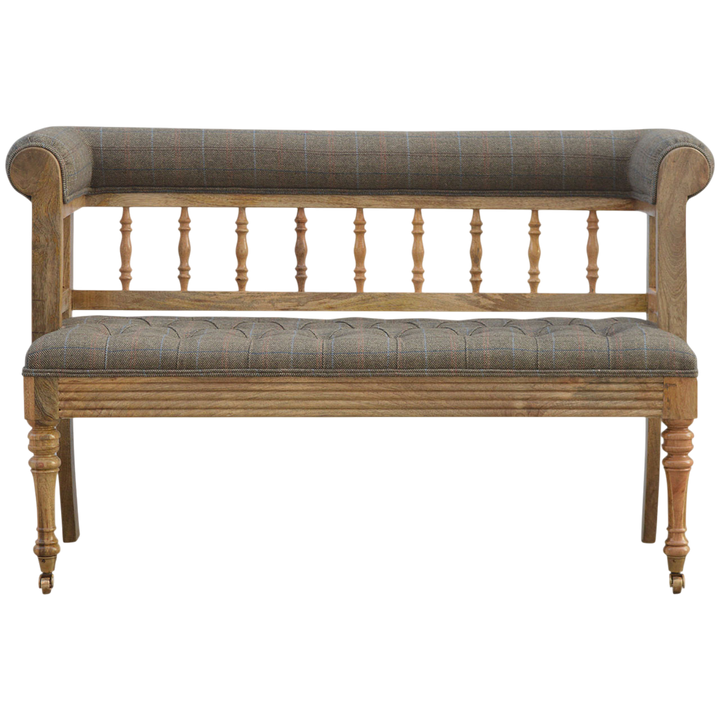Fitzroy Deep-Buttoned Hall Bench in Heritage Tweed, front view. Heritage tweed in mixed wool over a 100% solid hardwood frame in a pale amber finish, deep-buttoned back.