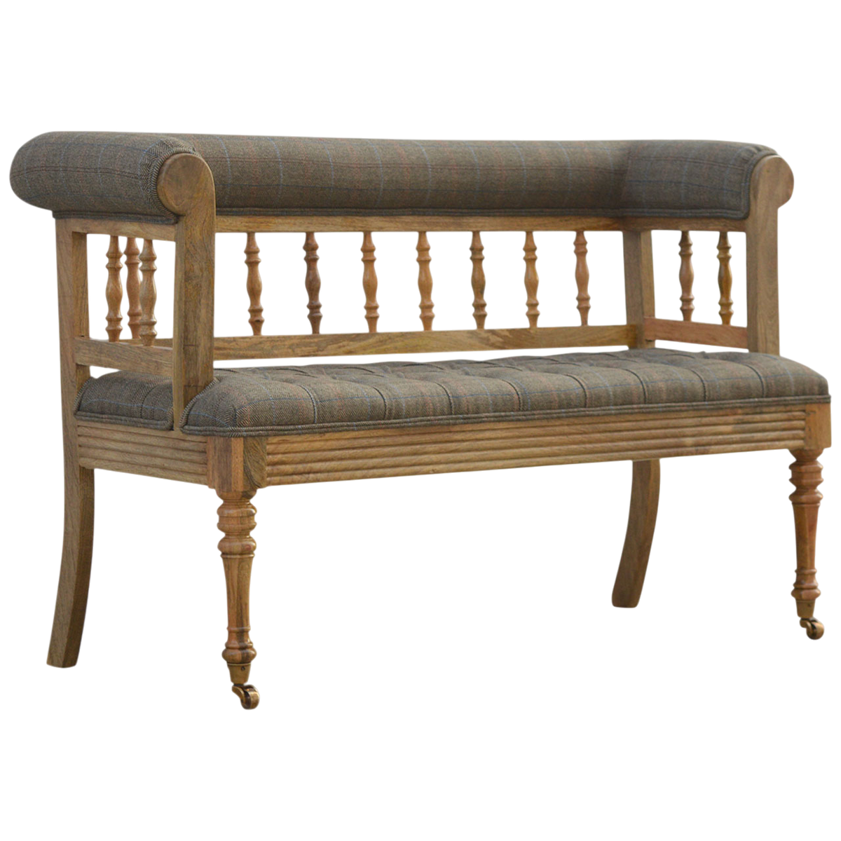 Fitzroy Deep-Buttoned Hall Bench in Heritage Tweed, three-quarter view showing the full profile.