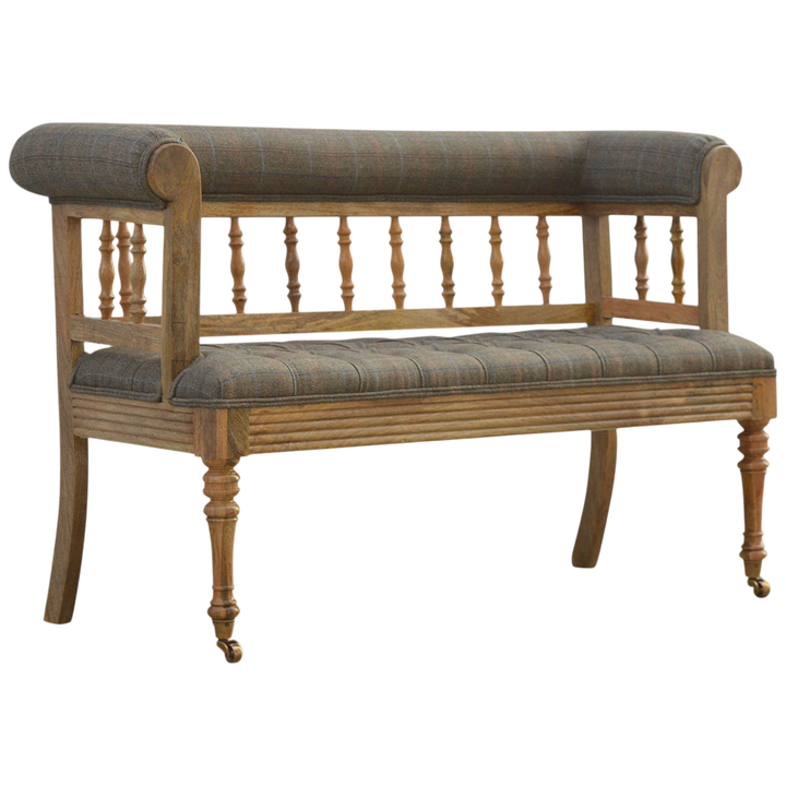 Fitzroy Deep-Buttoned Hall Bench in Heritage Tweed, three-quarter view showing the full profile.