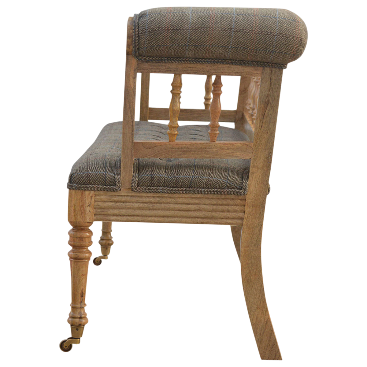 Fitzroy Deep-Buttoned Hall Bench in Heritage Tweed, side view showing the depth.
