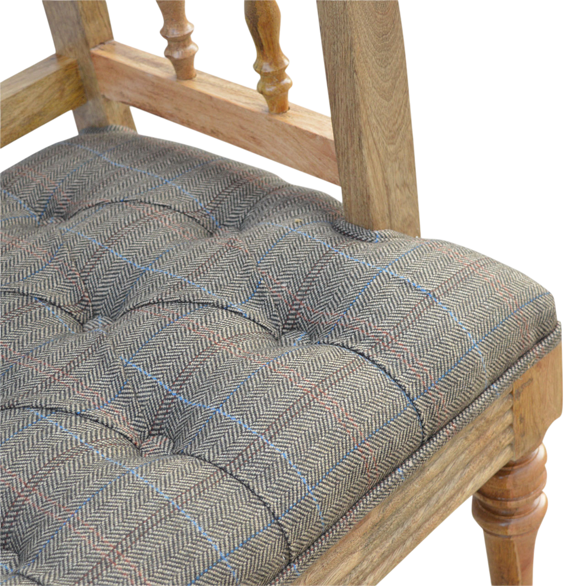 Close view of the buttoning on the Fitzroy Deep-Buttoned Hall Bench in Heritage Tweed.