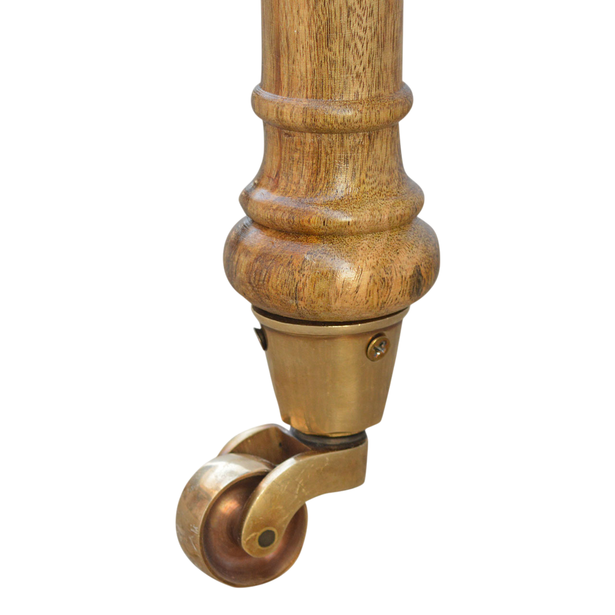 Close view of the brass castors on the Fitzroy Deep-Buttoned Hall Bench in Heritage Tweed.