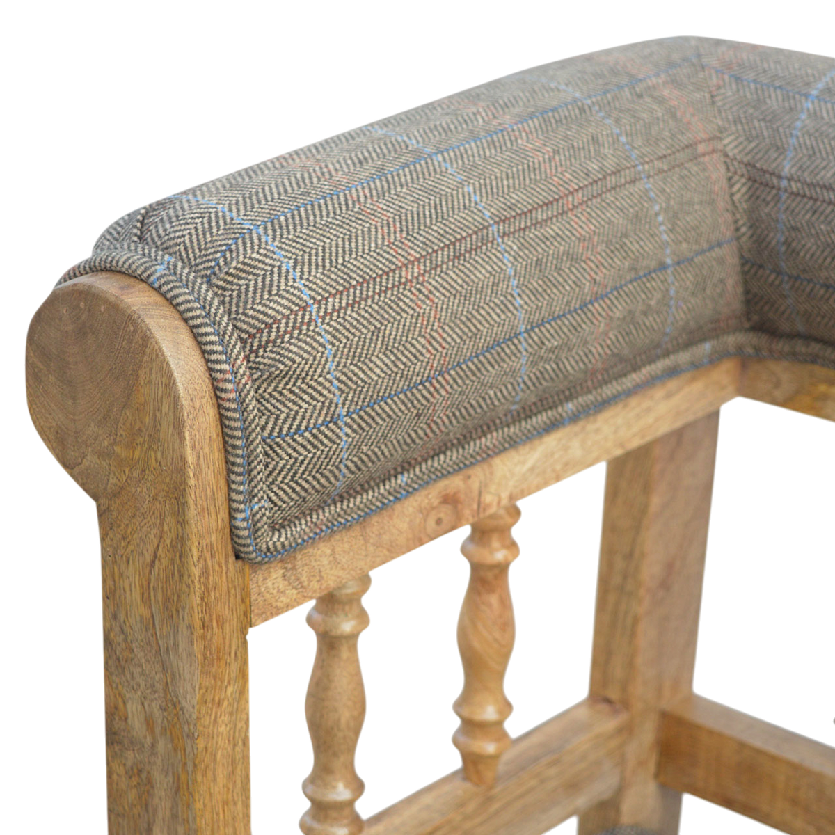 Close view of the arm on the Fitzroy Deep-Buttoned Hall Bench in Heritage Tweed.