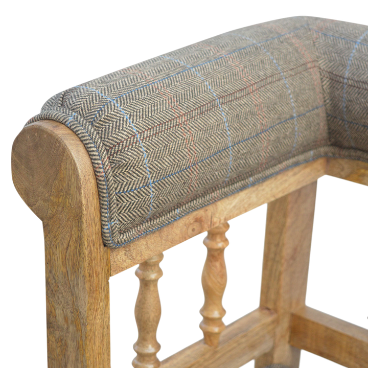 Close view of the arm on the Fitzroy Deep-Buttoned Hall Bench in Heritage Tweed.