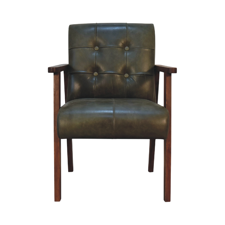 Fitzroy Leather Armchair in Olive Leather, front view. Olive hide leather, plump seat, deep-buttoned back cushion.