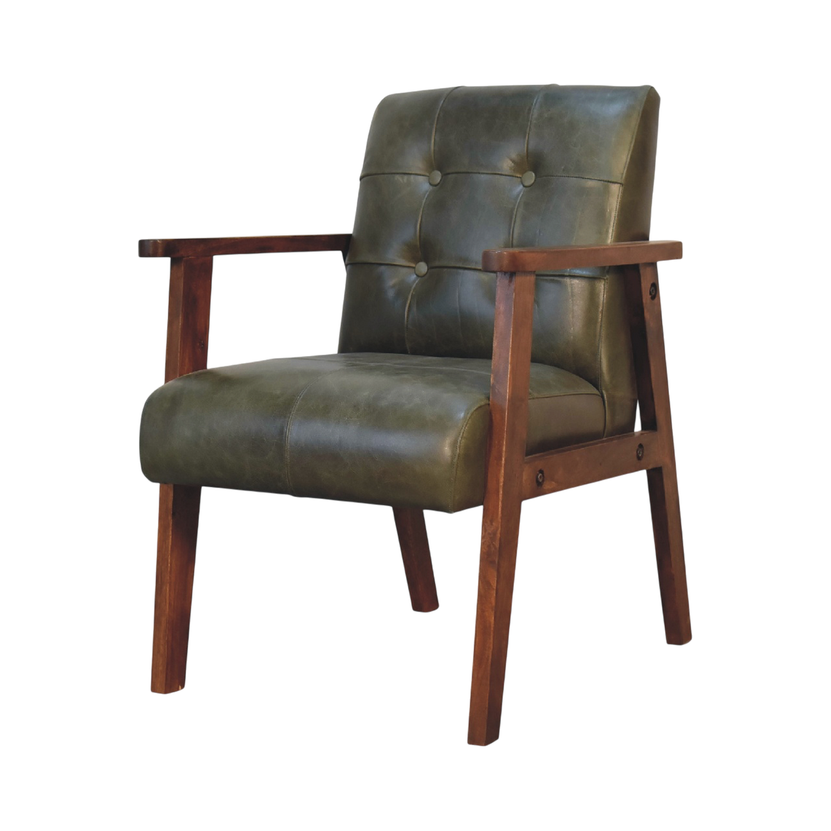 Fitzroy Leather Armchair in Olive Leather, three-quarter view showing the full profile.