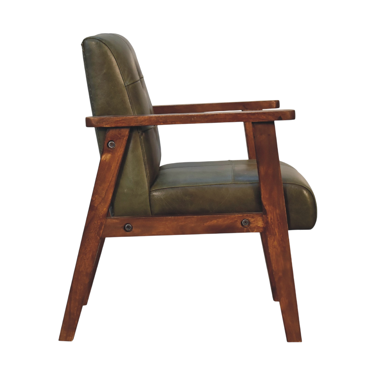 Fitzroy Leather Armchair in Olive Leather, side view showing the depth.