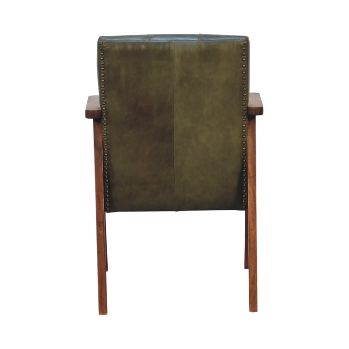 Fitzroy Leather Armchair in Olive Leather, rear view.