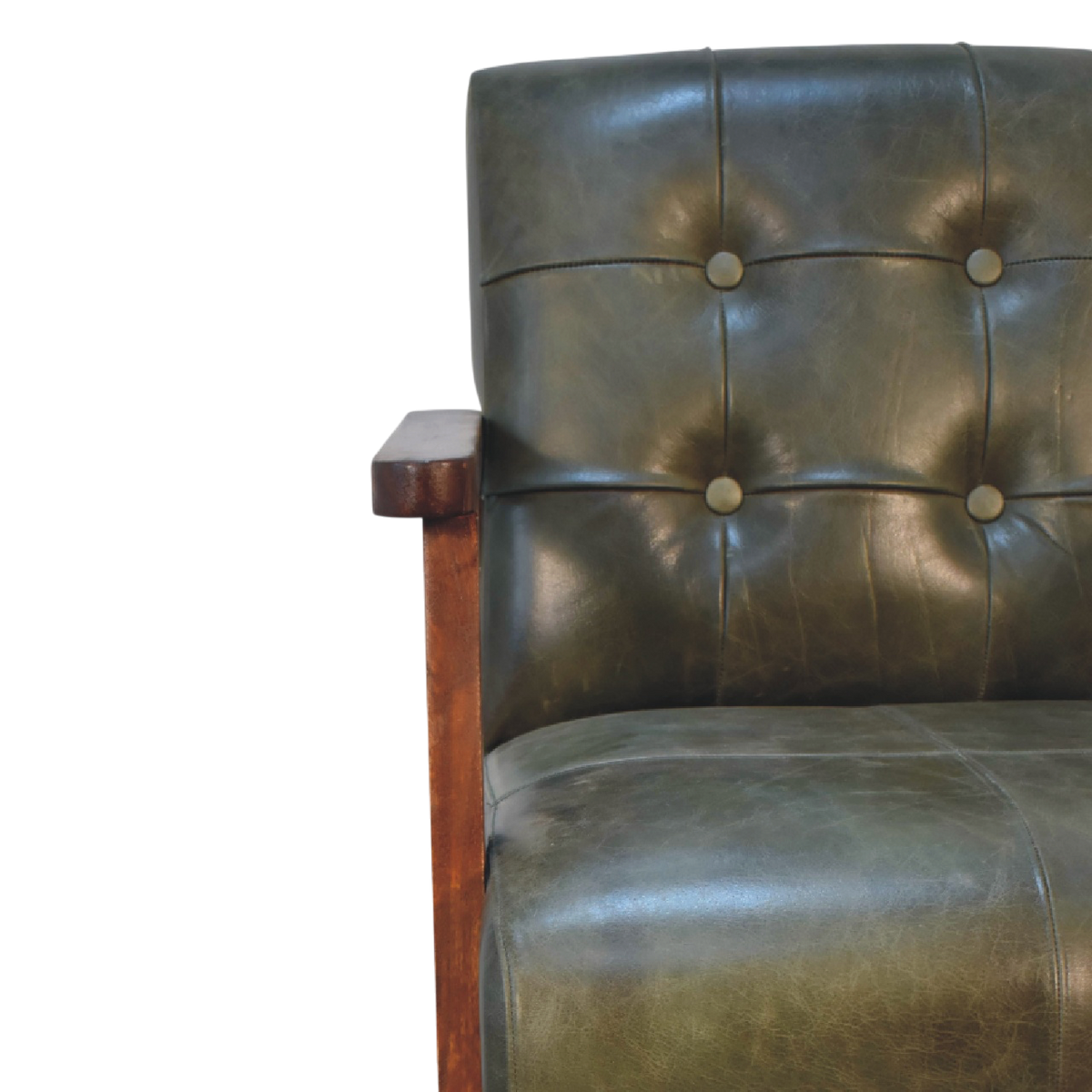 Close view of the buttoning on the Fitzroy Leather Armchair in Olive Leather.