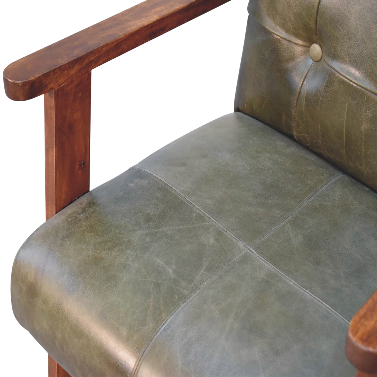 Close view of the arm on the Fitzroy Leather Armchair in Olive Leather.