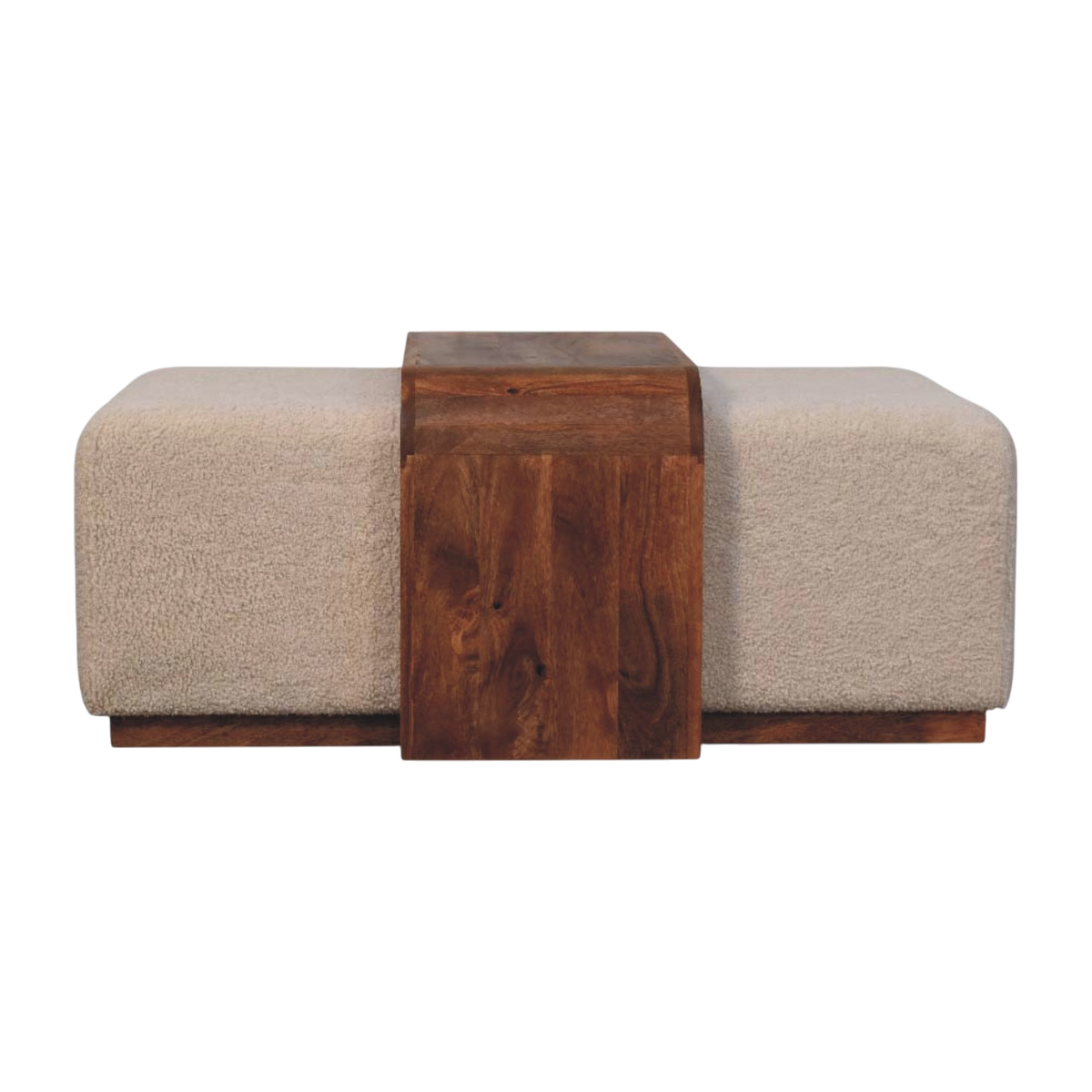Gramercy Cocktail Bench in Chestnut and Cream Bouclé, angled view. Two bouclé seats flanking a curved chestnut table.