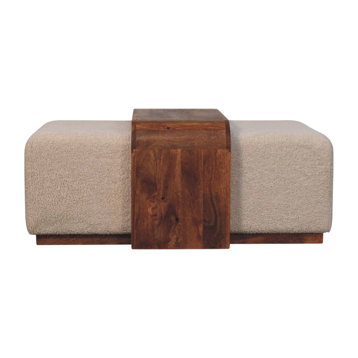Gramercy Cocktail Bench in Chestnut and Cream Bouclé, angled view. Two bouclé seats flanking a curved chestnut table.