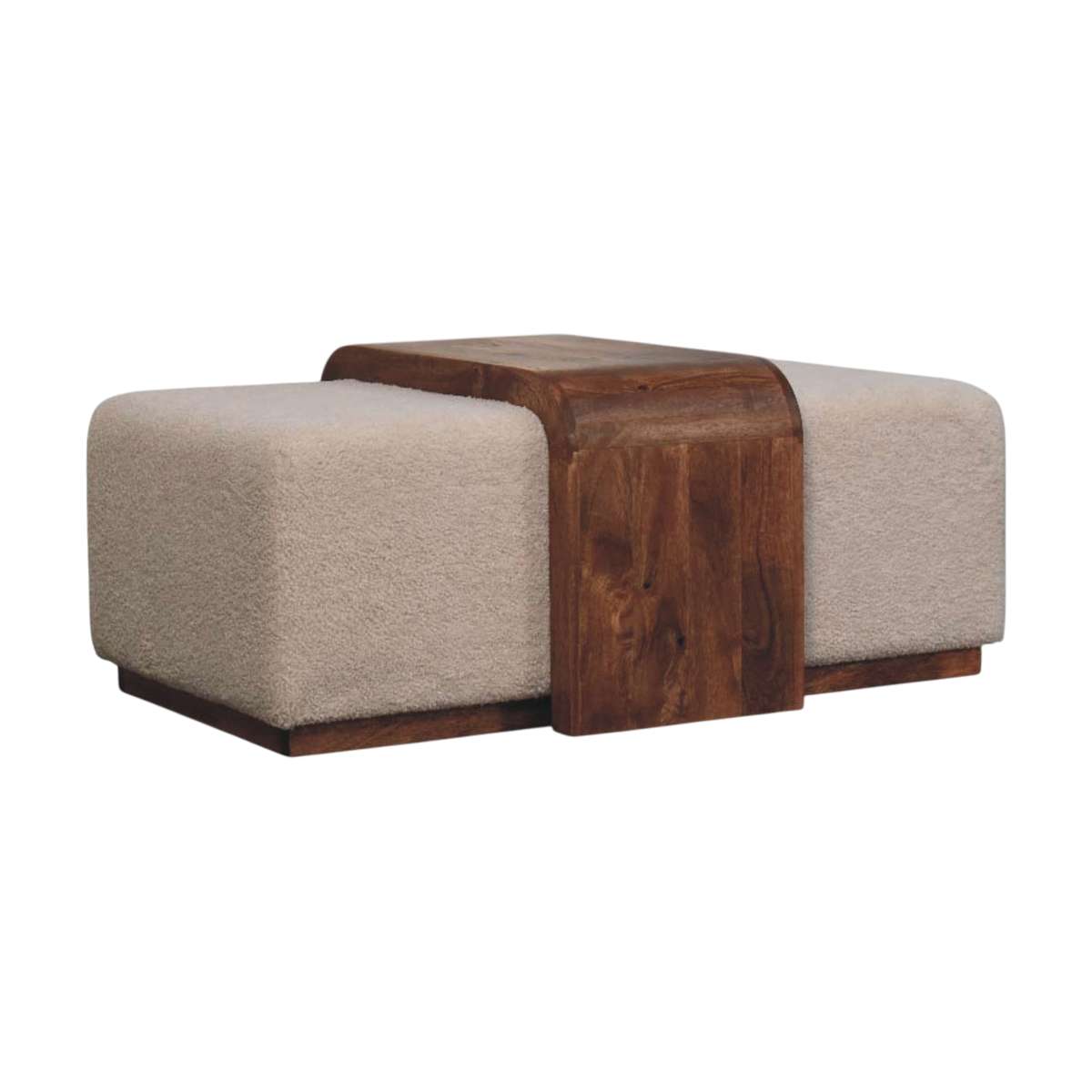 Gramercy Cocktail Bench in Chestnut and Cream Bouclé, three-quarter view showing the full profile.