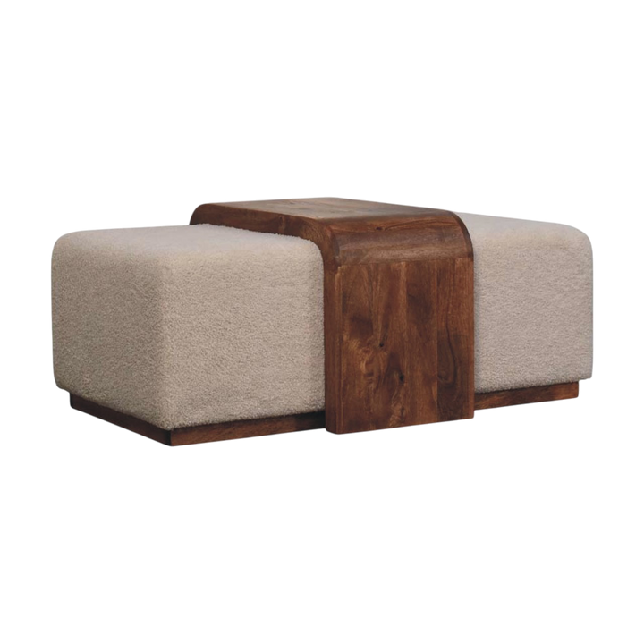 Gramercy Cocktail Bench in Chestnut and Cream Bouclé, three-quarter view showing the full profile.