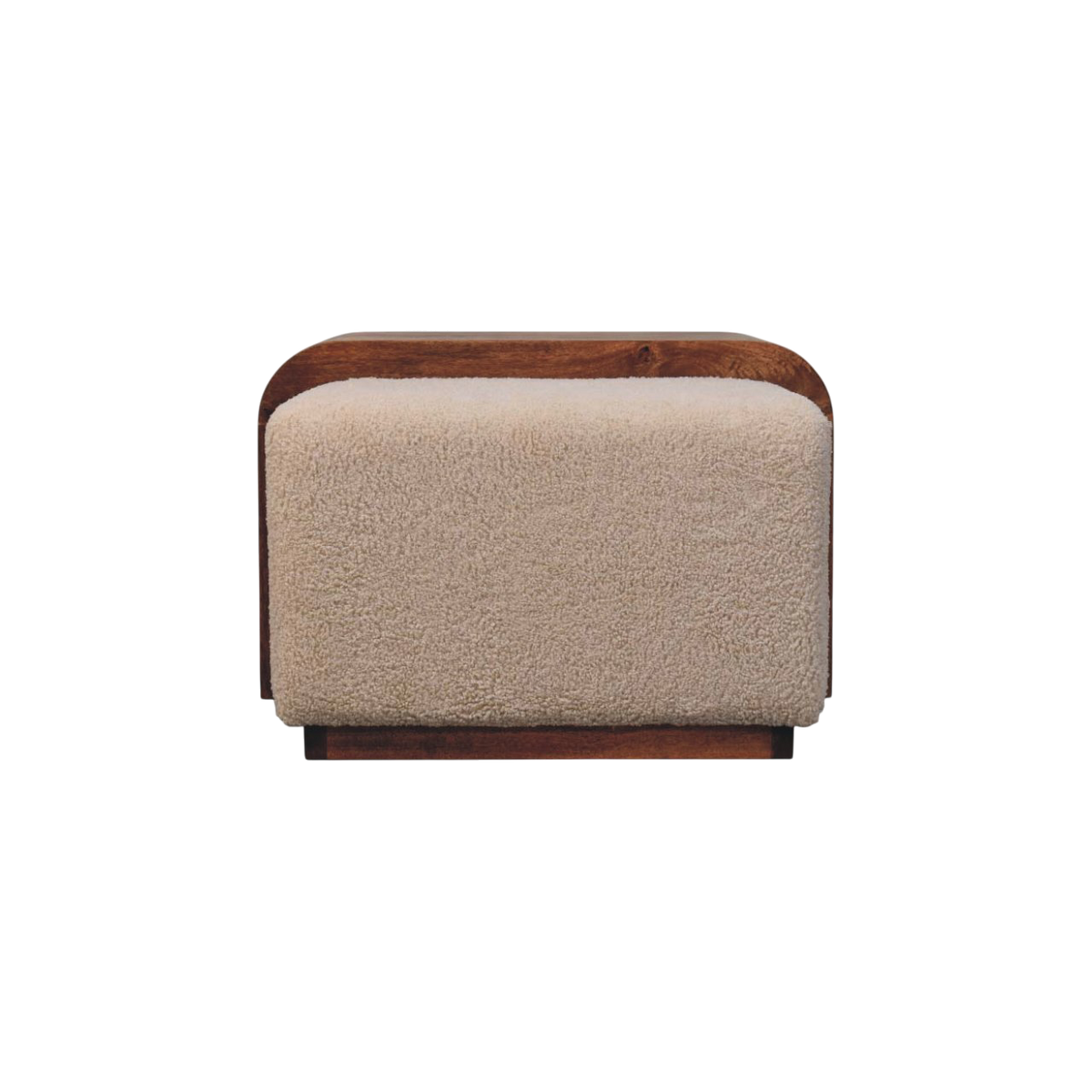 Gramercy Cocktail Bench in Chestnut and Cream Bouclé, side view showing the depth.
