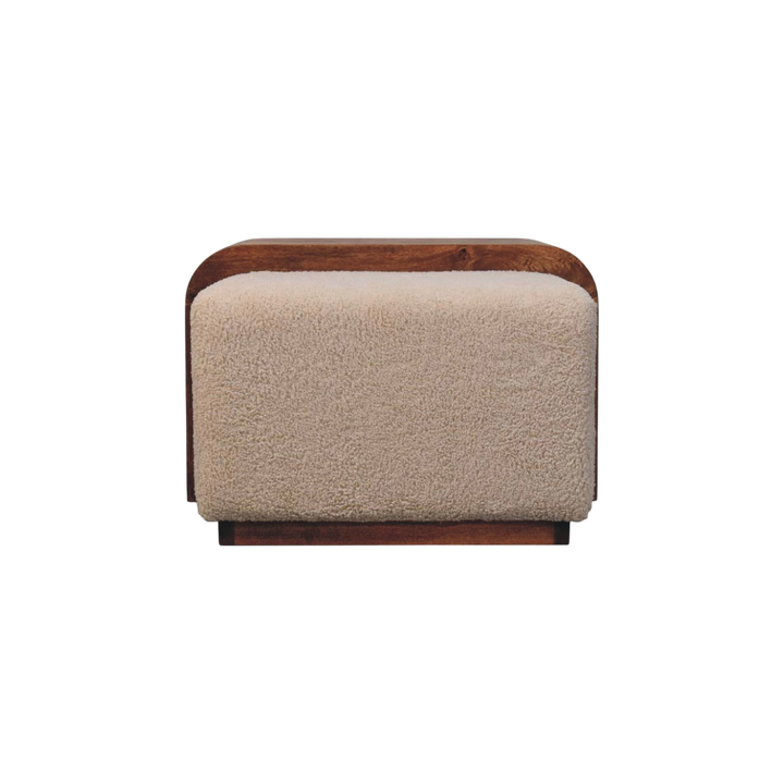 Gramercy Cocktail Bench in Chestnut and Cream Bouclé, side view showing the depth.