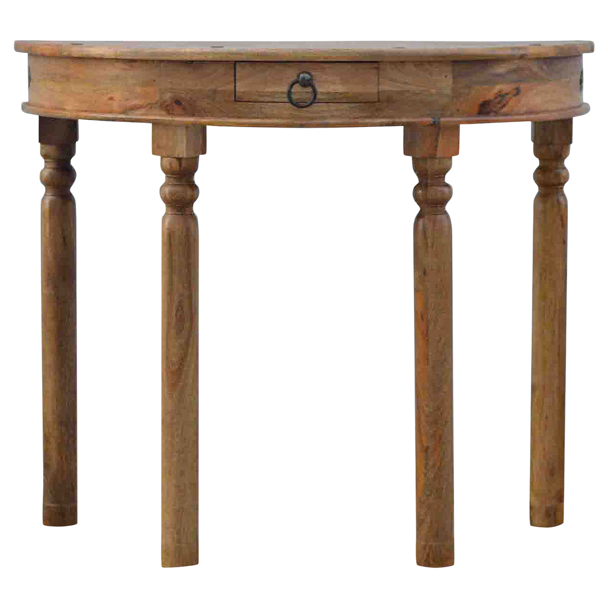 Grosvenor Demilune Console Table in Amber, front view. 100% solid hardwood in a warm amber finish, half-moon top with a flat back, one drawer, ring pull.