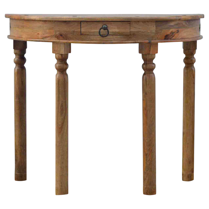 Grosvenor Demilune Console Table in Amber, front view. 100% solid hardwood in a warm amber finish, half-moon top with a flat back, one drawer, ring pull.