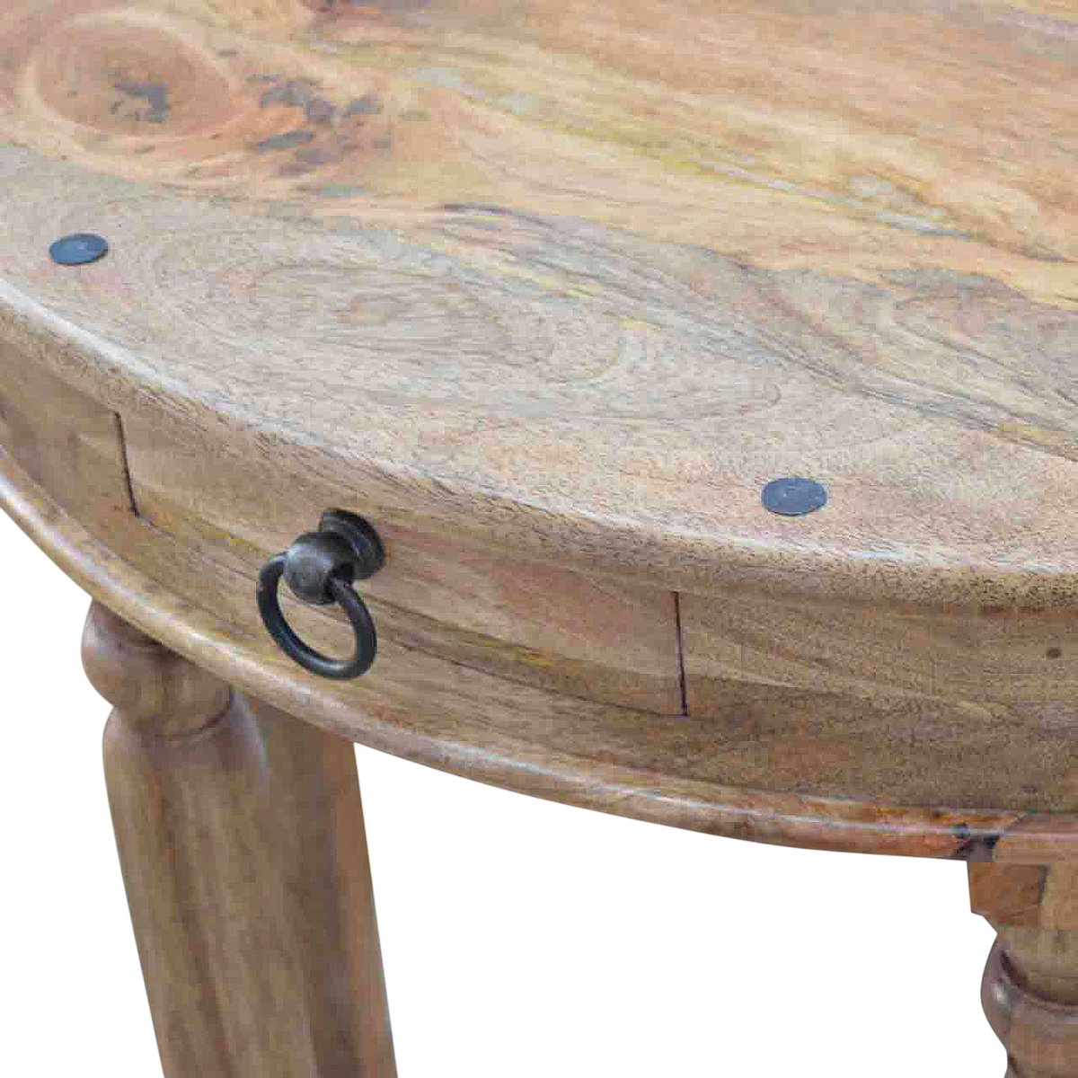 Close view of the brass hardware on the Grosvenor Demilune Console Table in Amber.