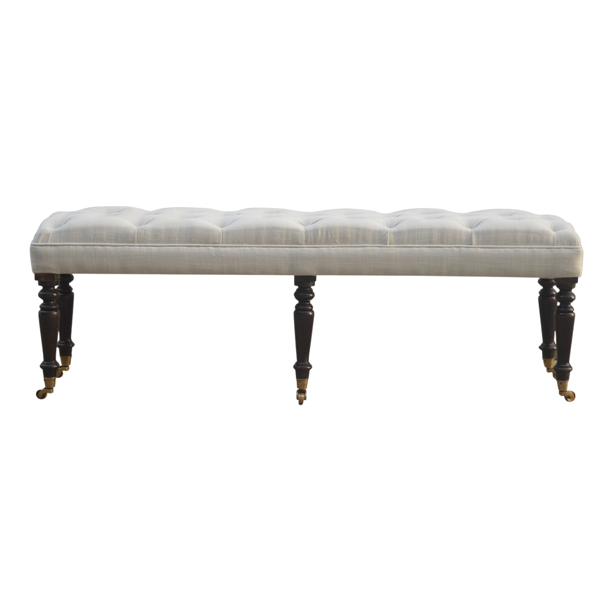 Grosvenor Hall Bench in Espresso and Alabaster, front view. Deep-buttoned cotton on hand-turned legs with brass castors.