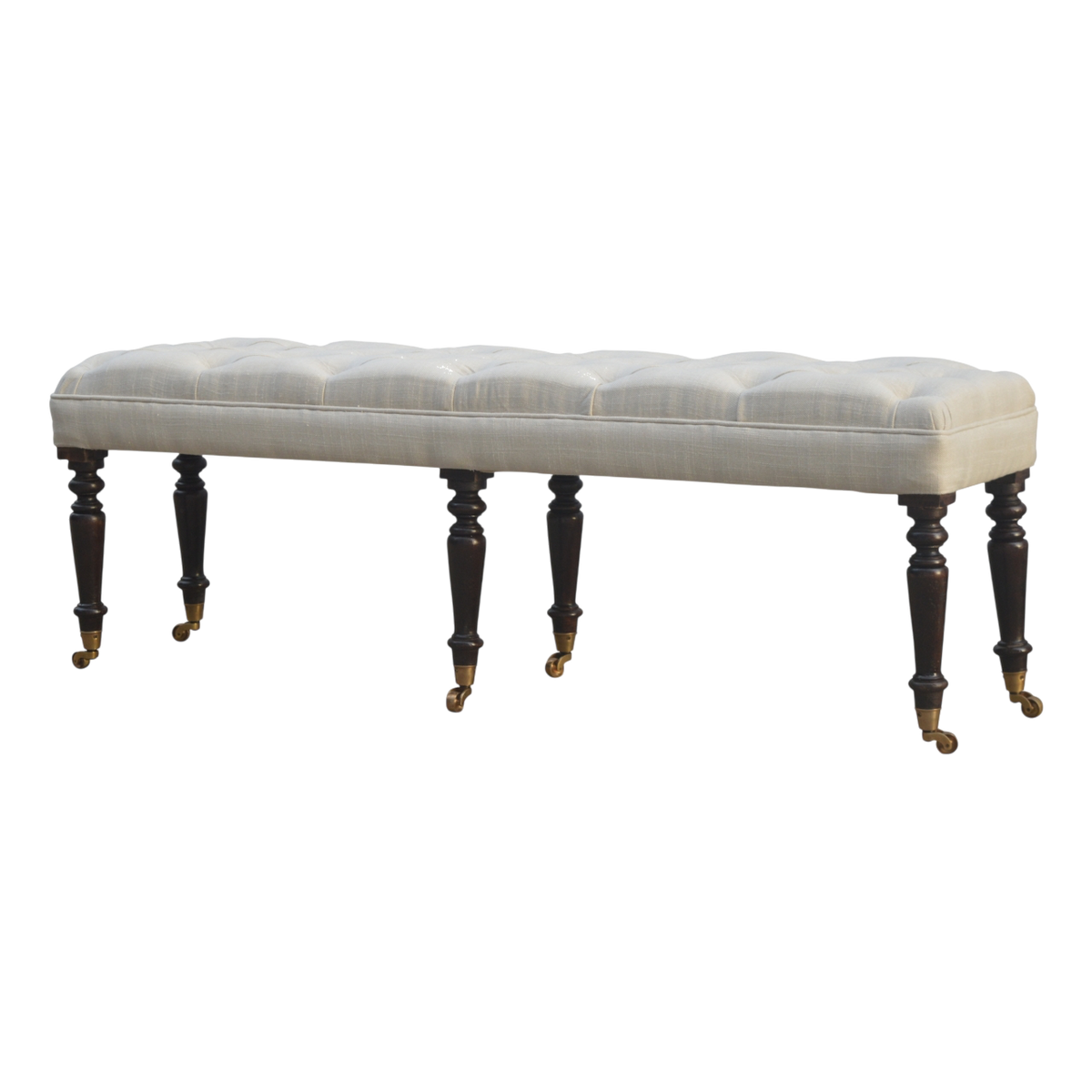Grosvenor Hall Bench in Espresso and Alabaster, three-quarter view showing the full profile.