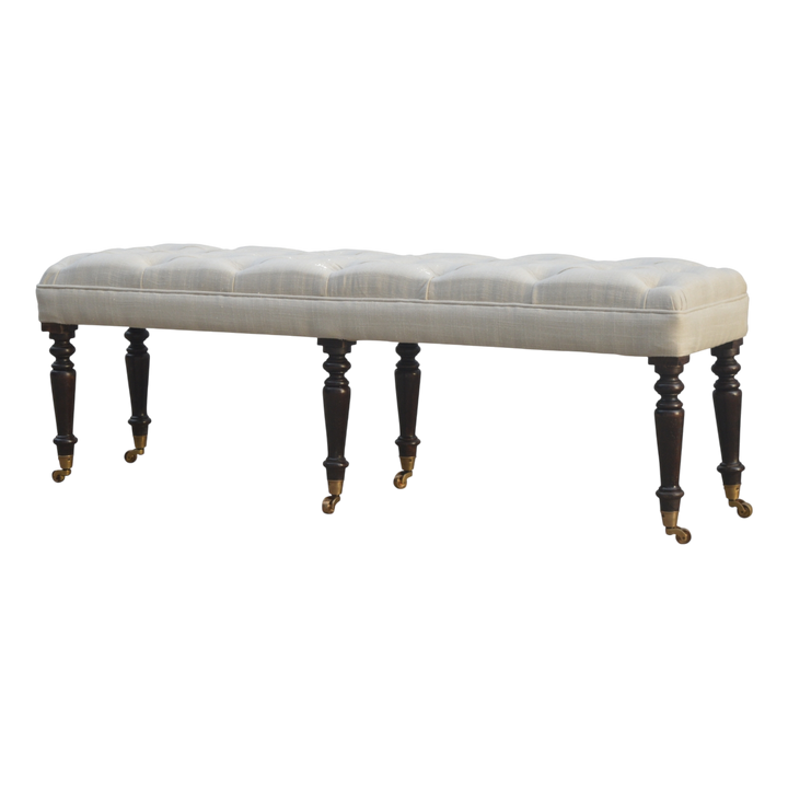 Grosvenor Hall Bench in Espresso and Alabaster, three-quarter view showing the full profile.