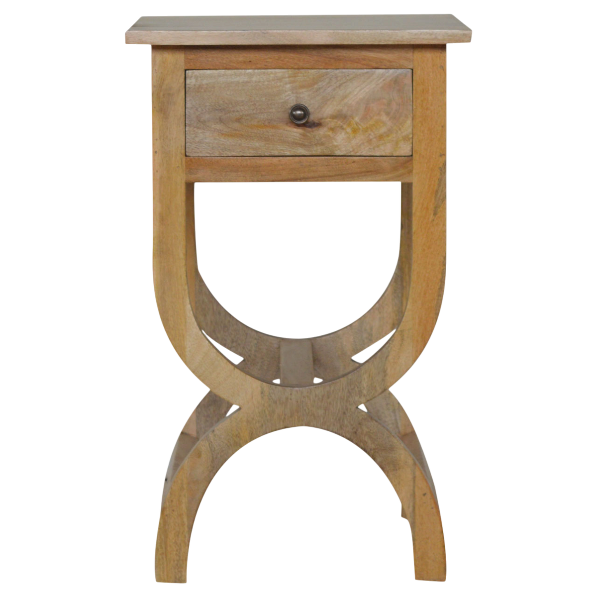 Grosvenor Serpentine Bedside Table in Amber, front view. 100% solid hardwood in a warm amber finish, one drawer, round knob, serpentine curved feet, braced undercarriage.