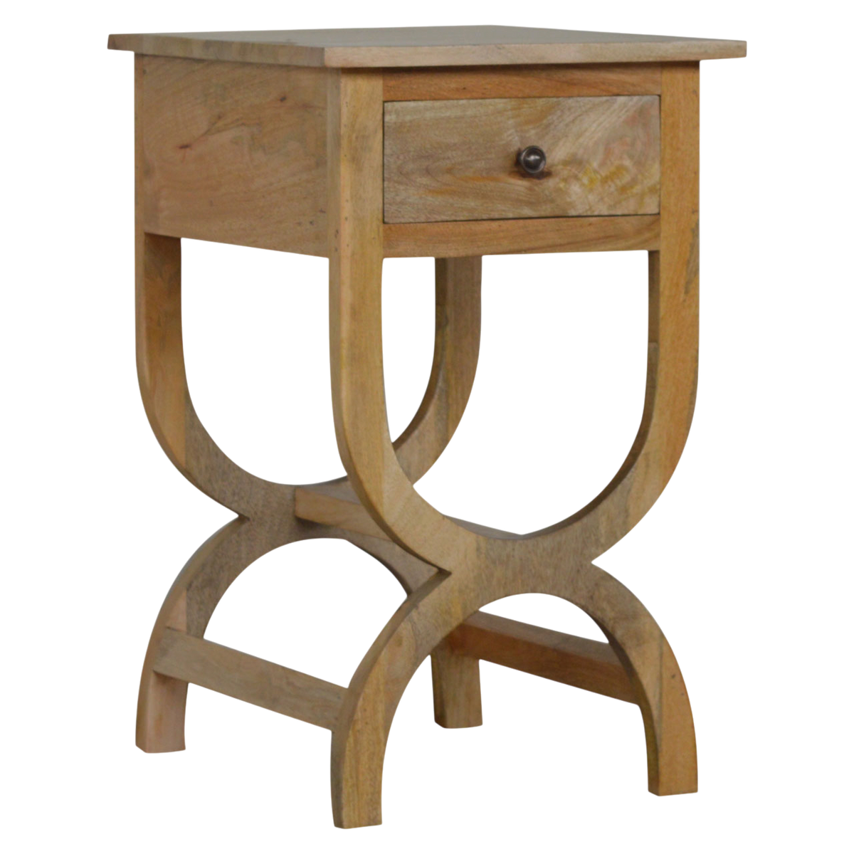 Grosvenor Serpentine Bedside Table in Amber, three-quarter view showing the full profile.