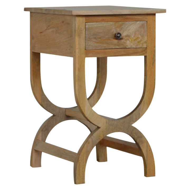 Grosvenor Serpentine Bedside Table in Amber, three-quarter view showing the full profile.