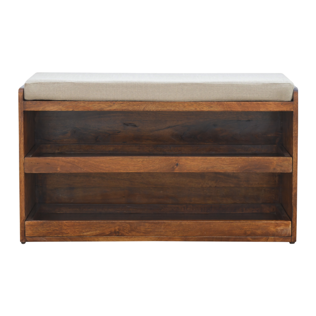 Grosvenor Shoe Storage Bench in Clay Linen, front view. Solid hardwood frame, seat top upholstered in clay linen.