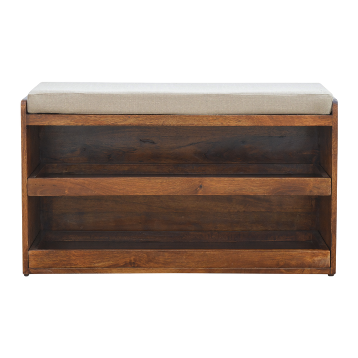 Grosvenor Shoe Storage Bench in Clay Linen, front view. Solid hardwood frame, seat top upholstered in clay linen.