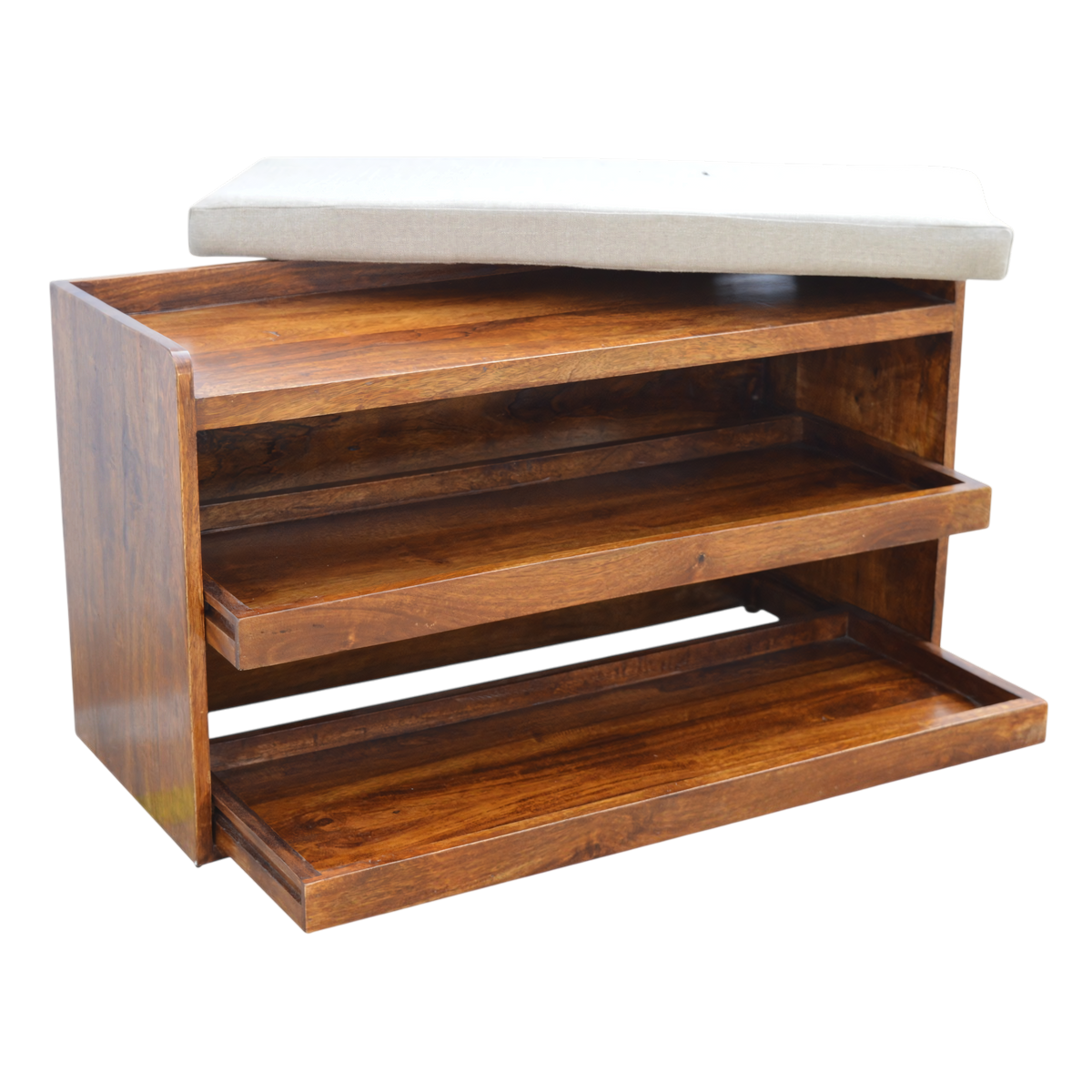 Grosvenor Shoe Storage Bench in Clay Linen, shown with a drawer open.