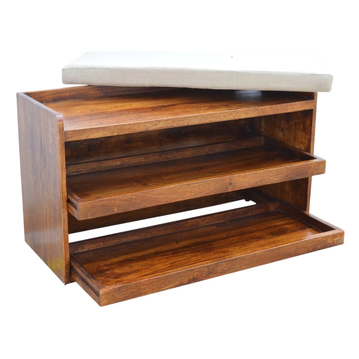 Grosvenor Shoe Storage Bench in Clay Linen, shown with a drawer open.
