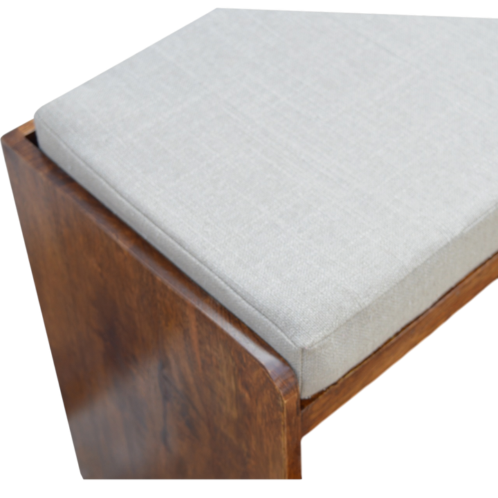 Close view of the seat on the Grosvenor Shoe Storage Bench in Clay Linen.