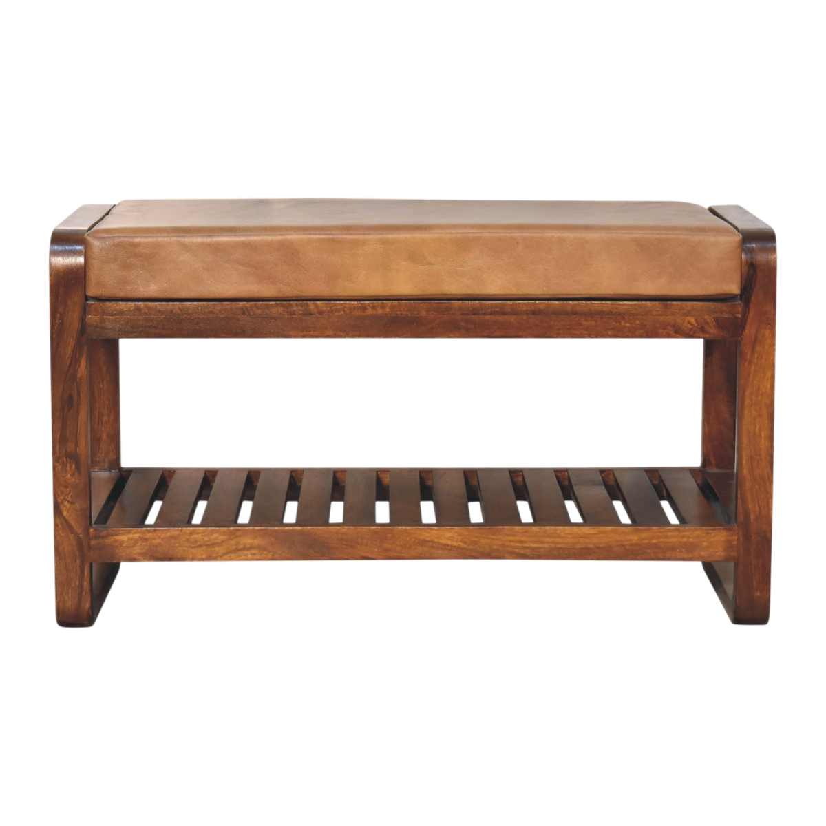Grosvenor Slatted Hall Bench in Chestnut with Tobacco Leather, front view. Solid hardwood in a chestnut finish, curved sled legs, slatted shelf beneath.