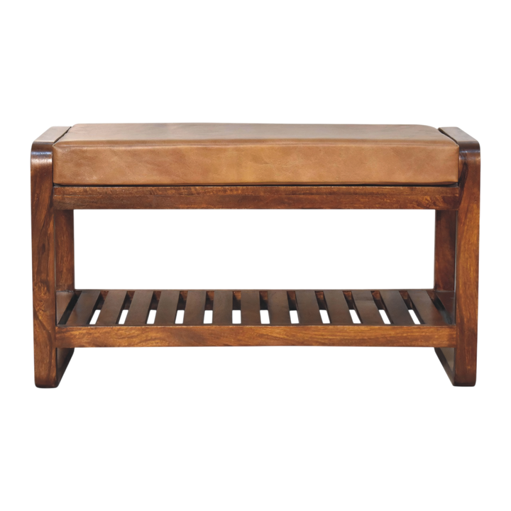 Grosvenor Slatted Hall Bench in Chestnut with Tobacco Leather, front view. Solid hardwood in a chestnut finish, curved sled legs, slatted shelf beneath.