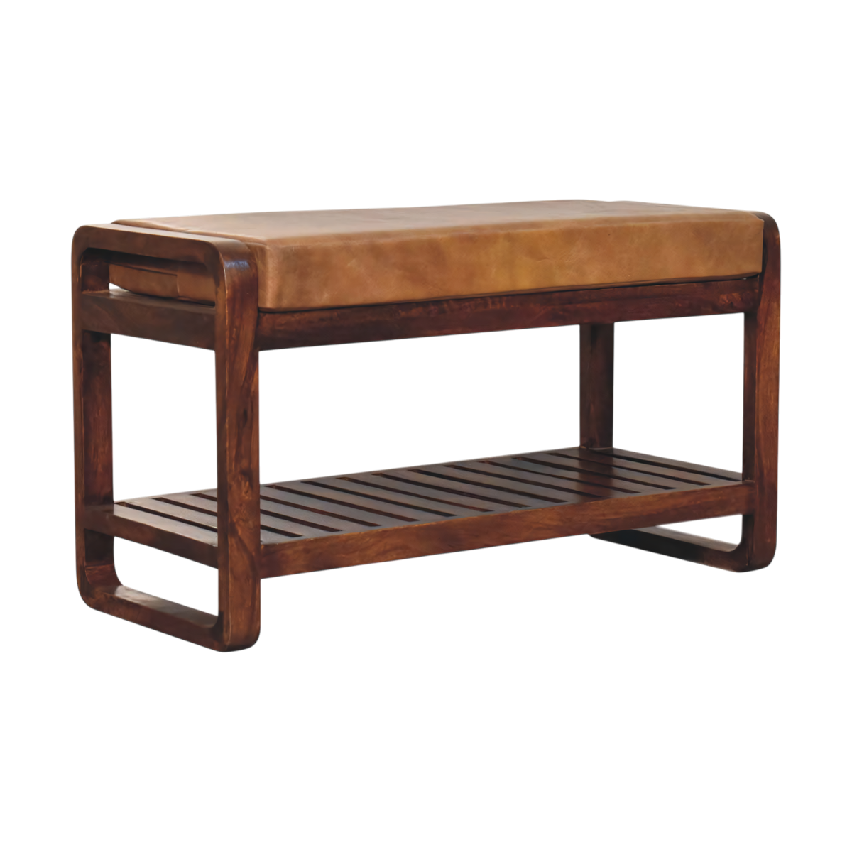 Grosvenor Slatted Hall Bench in Chestnut with Tobacco Leather, three-quarter view showing the full profile.