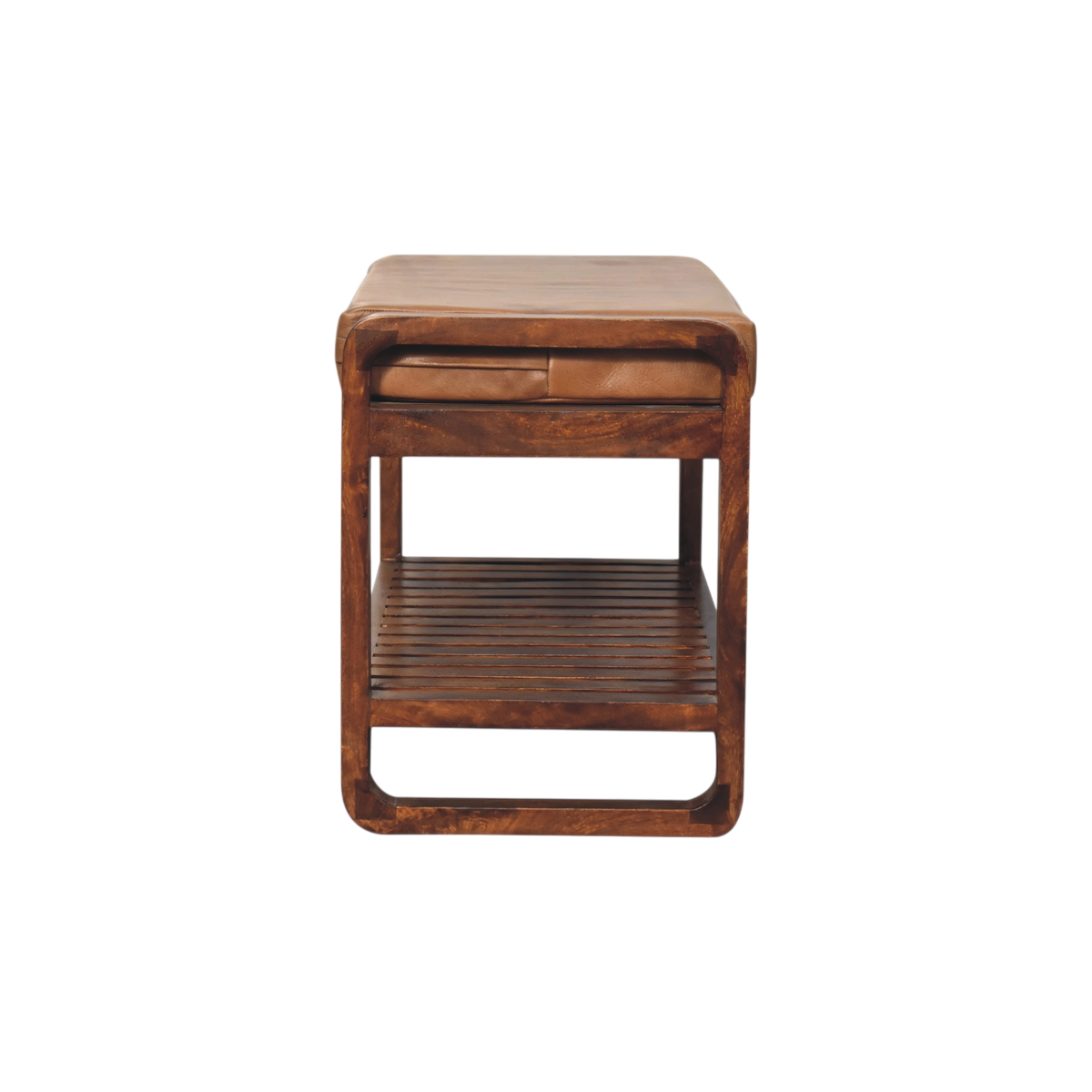 Grosvenor Slatted Hall Bench in Chestnut with Tobacco Leather, side view showing the depth.