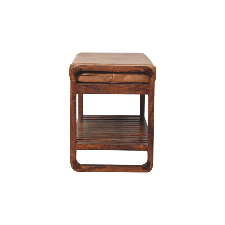 Grosvenor Slatted Hall Bench in Chestnut with Tobacco Leather, side view showing the depth.