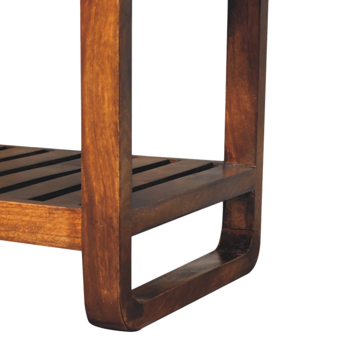 Close view of the slatted frame on the Grosvenor Slatted Hall Bench in Chestnut with Tobacco Leather.