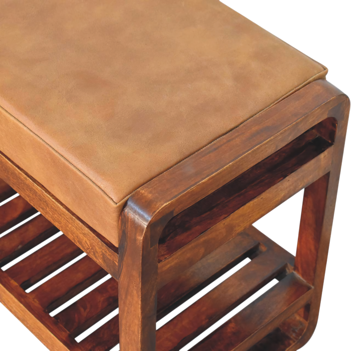 Close view of the turned legs on the Grosvenor Slatted Hall Bench in Chestnut with Tobacco Leather.