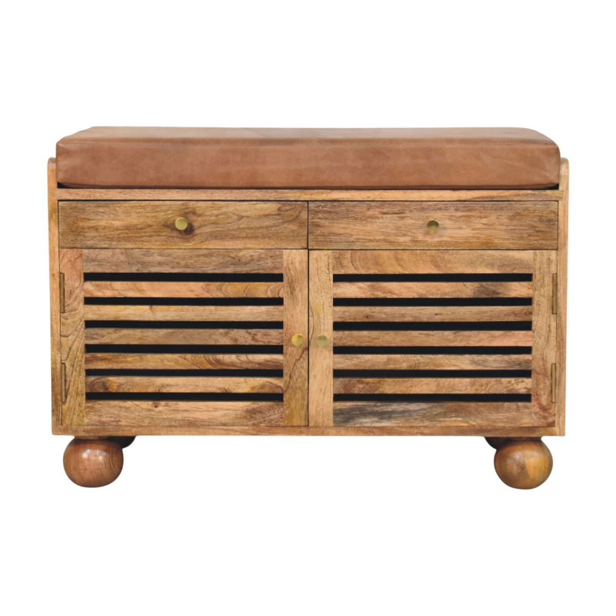 Grosvenor Slatted Shoe Bench in Amber with Tobacco Leather, front view. 100% solid hardwood in a pale amber finish, slatted cabinet doors, cushioned tobacco leather seat.