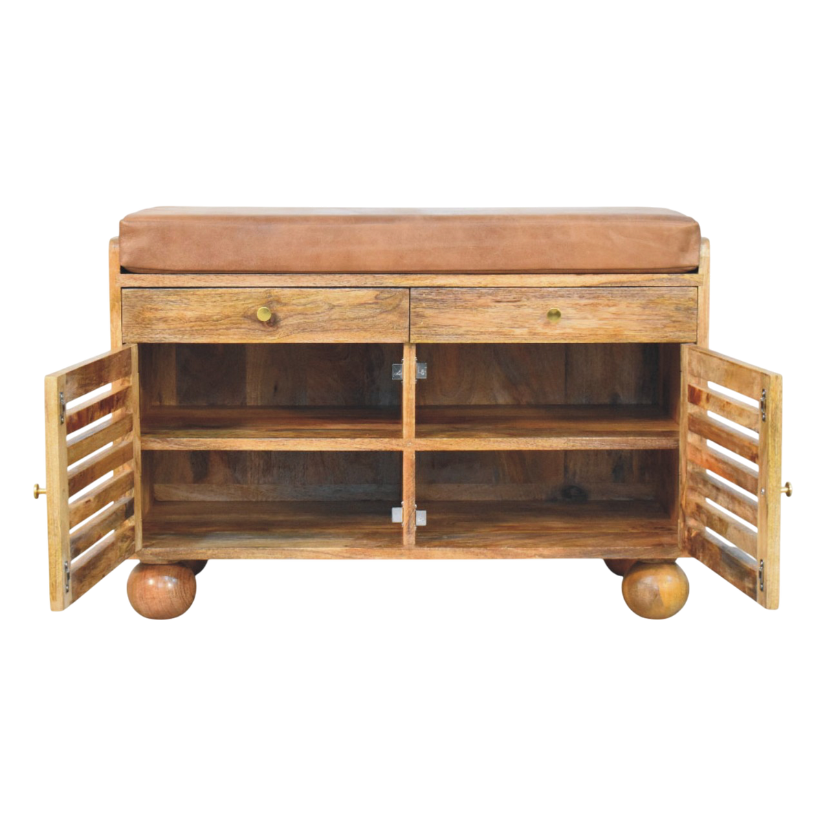 Grosvenor Slatted Shoe Bench in Amber with Tobacco Leather, shown with the doors open.