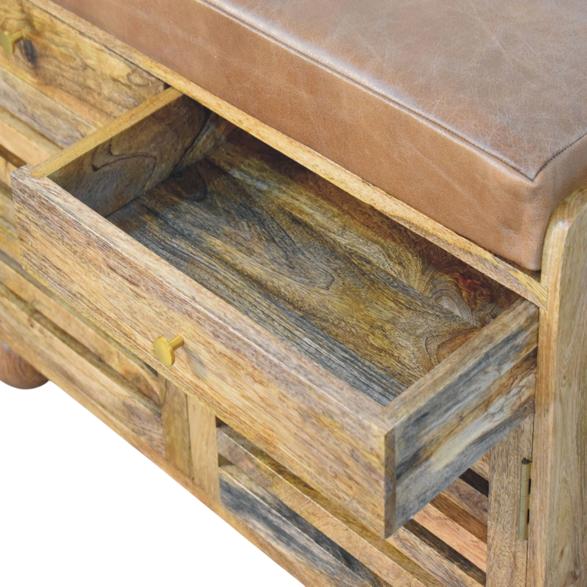 Grosvenor Slatted Shoe Bench in Amber with Tobacco Leather, shown with a drawer open.