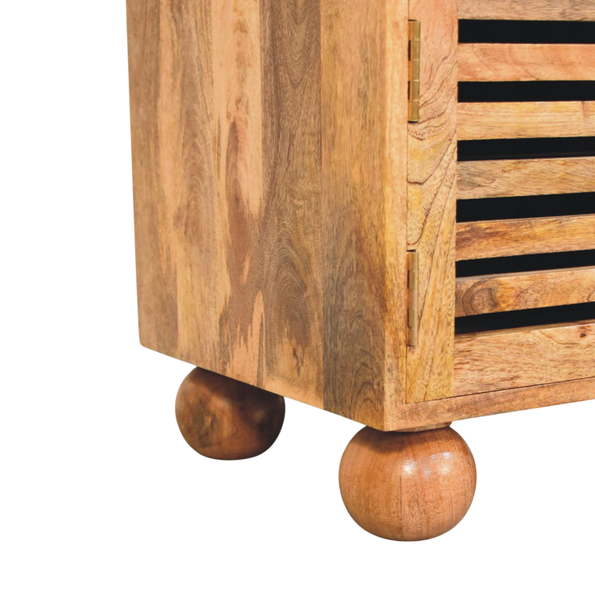 Close view of the feet on the Grosvenor Slatted Shoe Bench in Amber with Tobacco Leather.