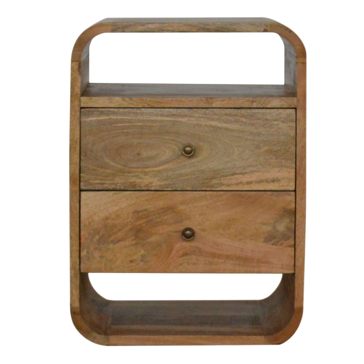 Hadley 2-Drawer Bedside Table in Amber, front view. 100% solid hardwood in a warm amber finish, two drawers with brass knobs over two open compartments.