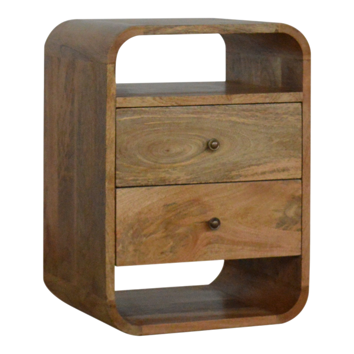 Hadley 2-Drawer Bedside Table in Amber, three-quarter view showing the full profile.